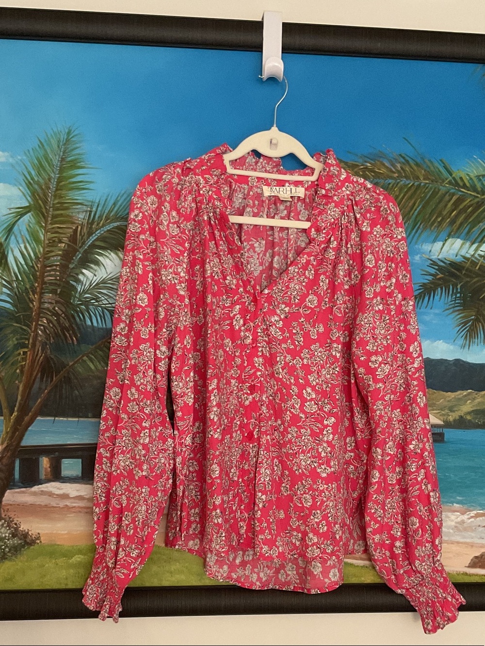 Fuchsia Floral Ruffled V-Neck Long-Sleeve Blouse